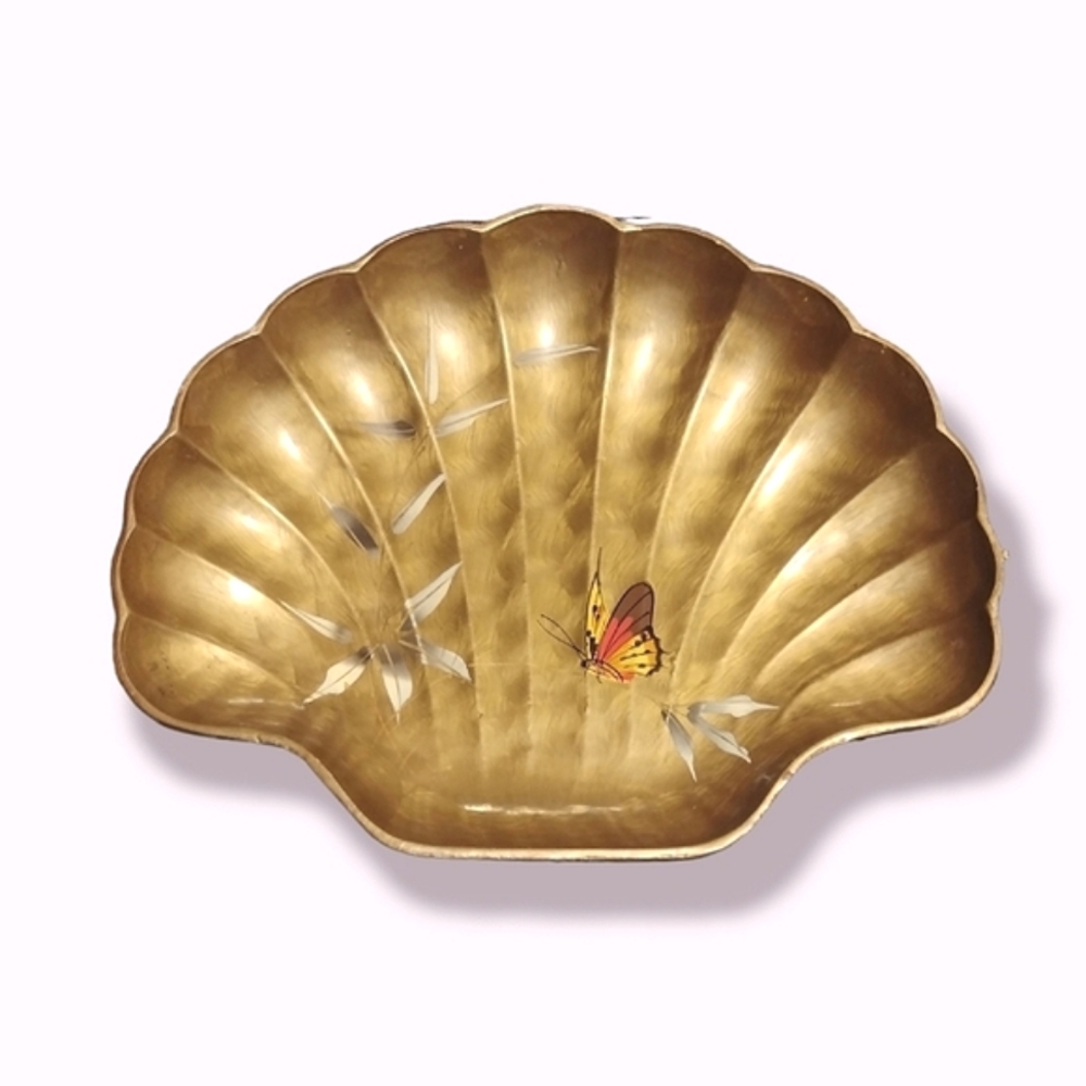 Vintage Gold Lacquer Tray Catch All Butterfly Shell Hand Painted Asian Decor